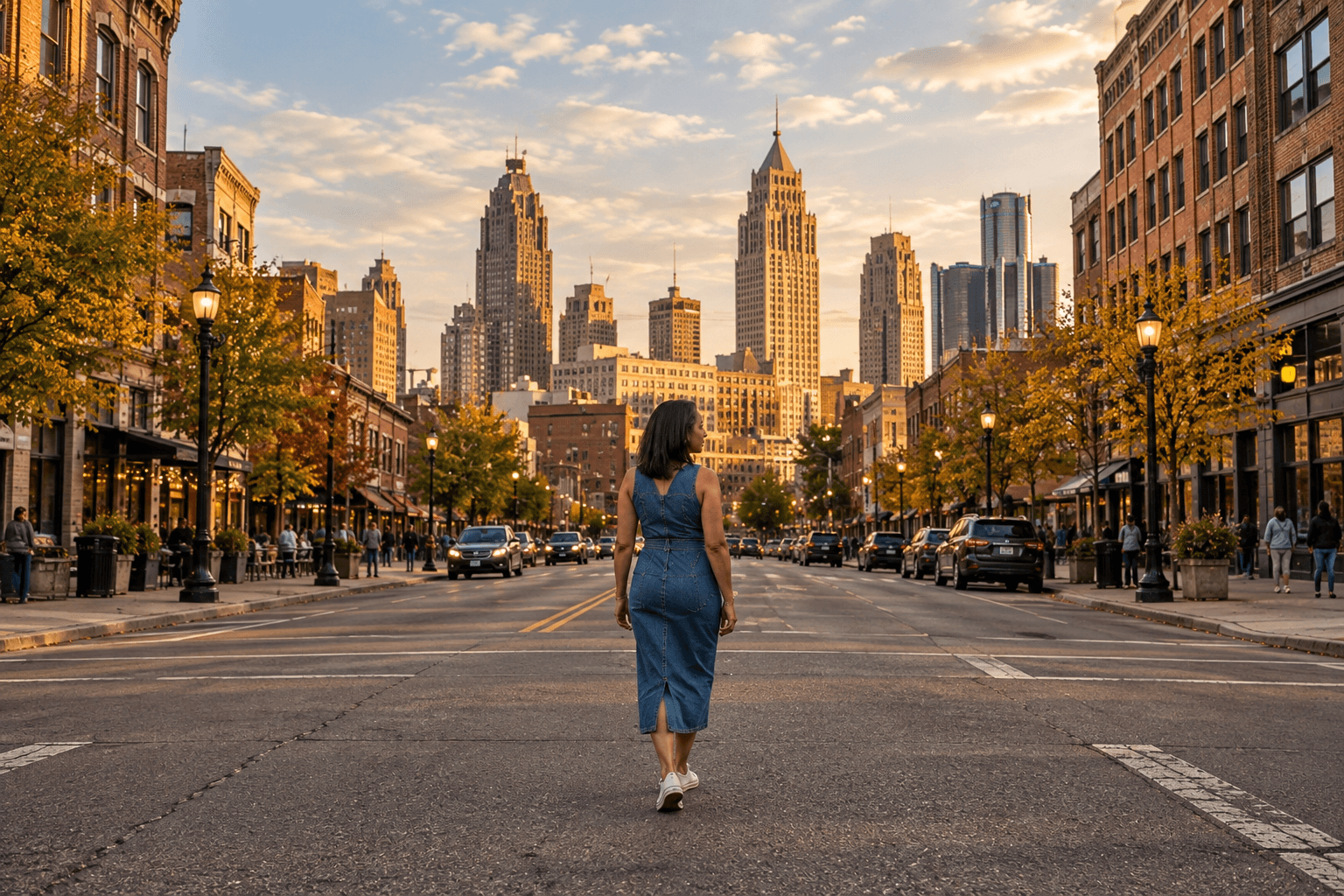 AI-generated scene of Autumn in a denim dress walking toward a Detroit-inspired skyline at golden hour