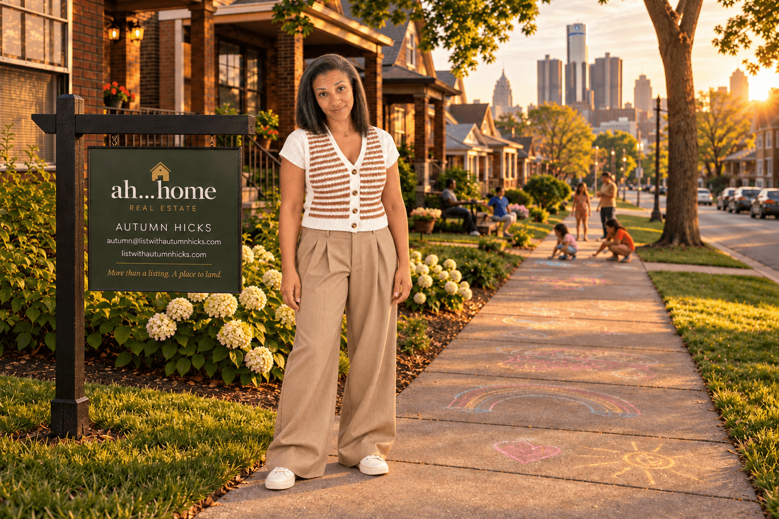 AI-generated illustration of Autumn in a cream knit top and tan trousers beside her sign in a Detroit-inspired neighborhood